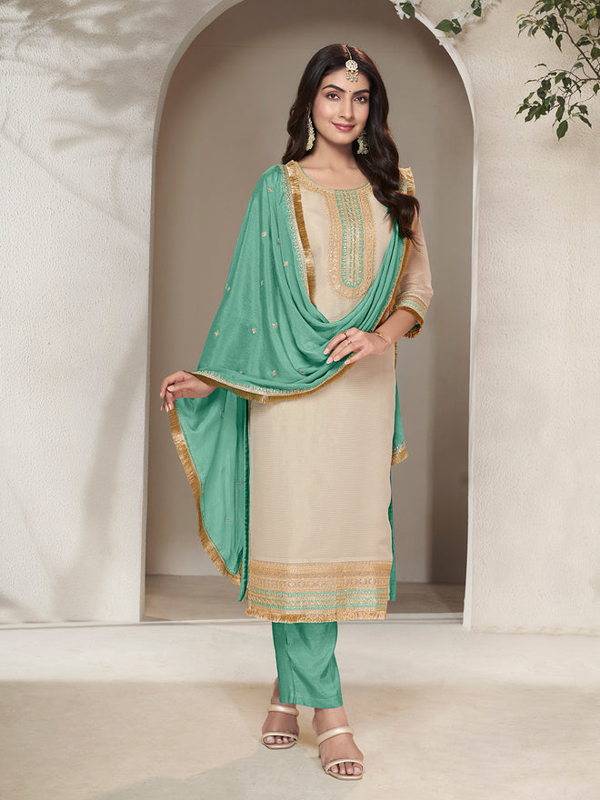 Off-white Tissue Sequins Embroidery Kurta With Green Dupatta