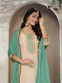 Off-white Tissue Sequins Embroidery Kurta With Green Dupatta