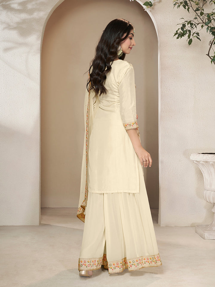 Off-White Dola Silk Sharara Suit Set with Floral Meena Jacquard Work