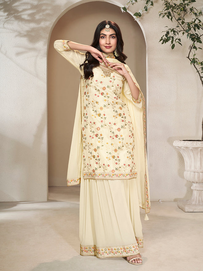 Off-White Dola Silk Sharara Suit Set with Floral Meena Jacquard Work