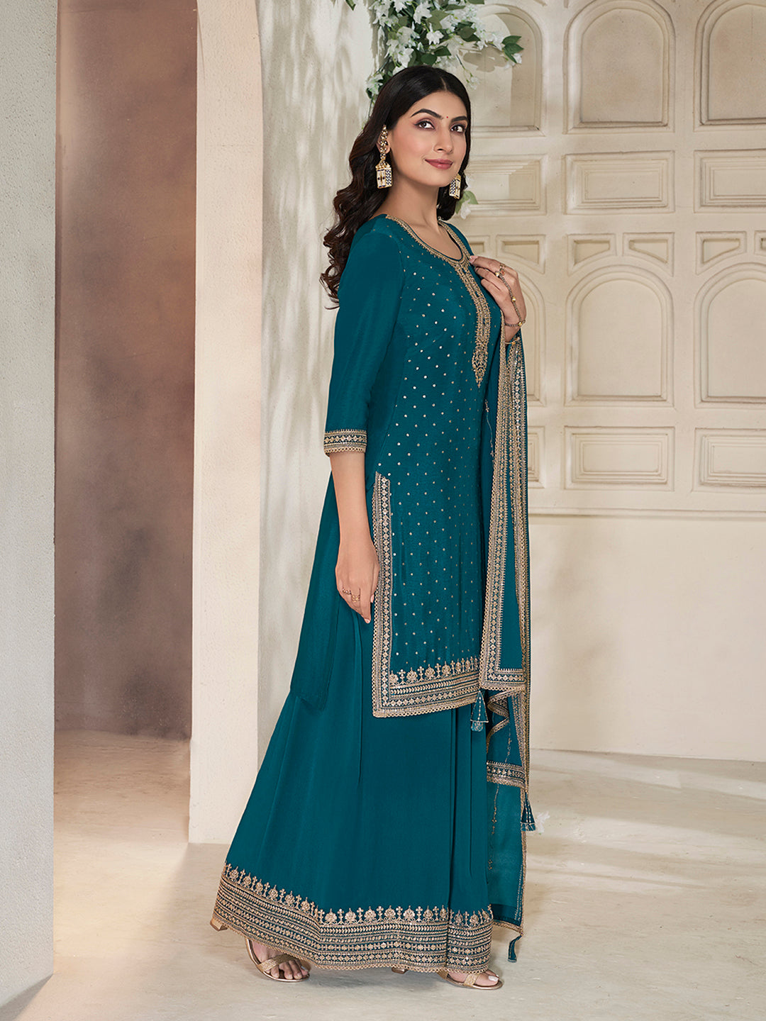 Dark Blue Chinon Top with Sequins Embroidery and Sharara Suit Set