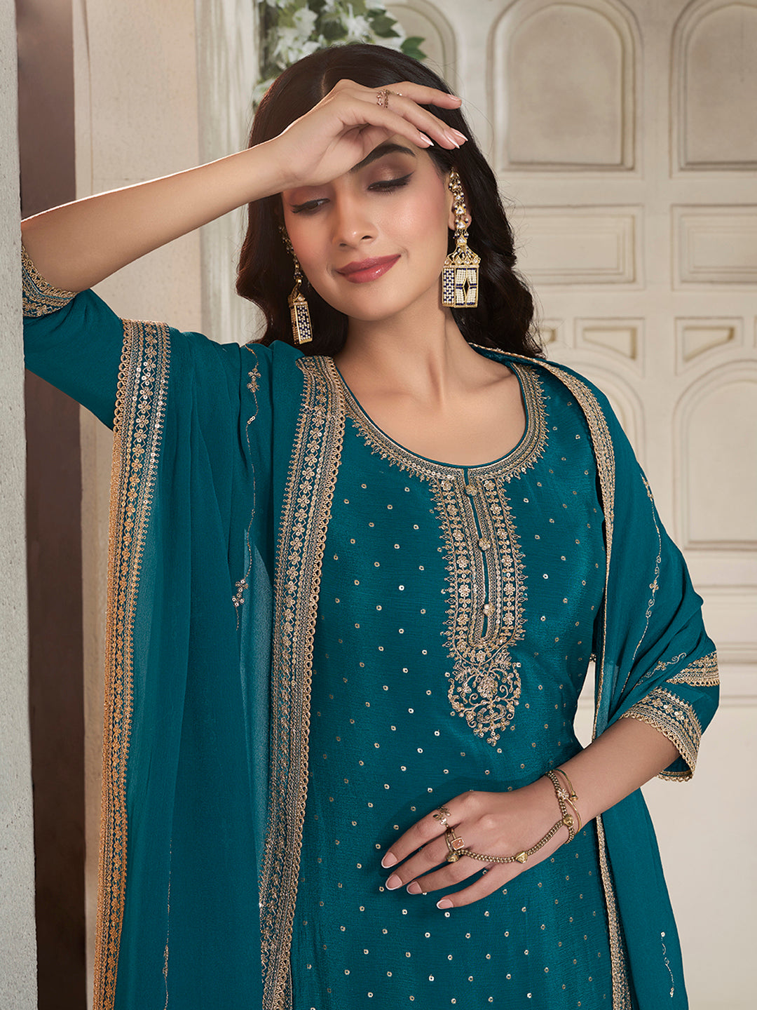 Dark Blue Chinon Top with Sequins Embroidery and Sharara Suit Set