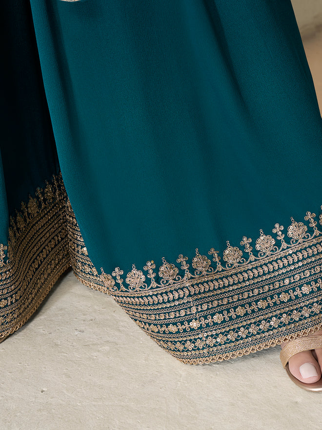 Dark Blue Chinon Top with Sequins Embroidery and Sharara Suit Set