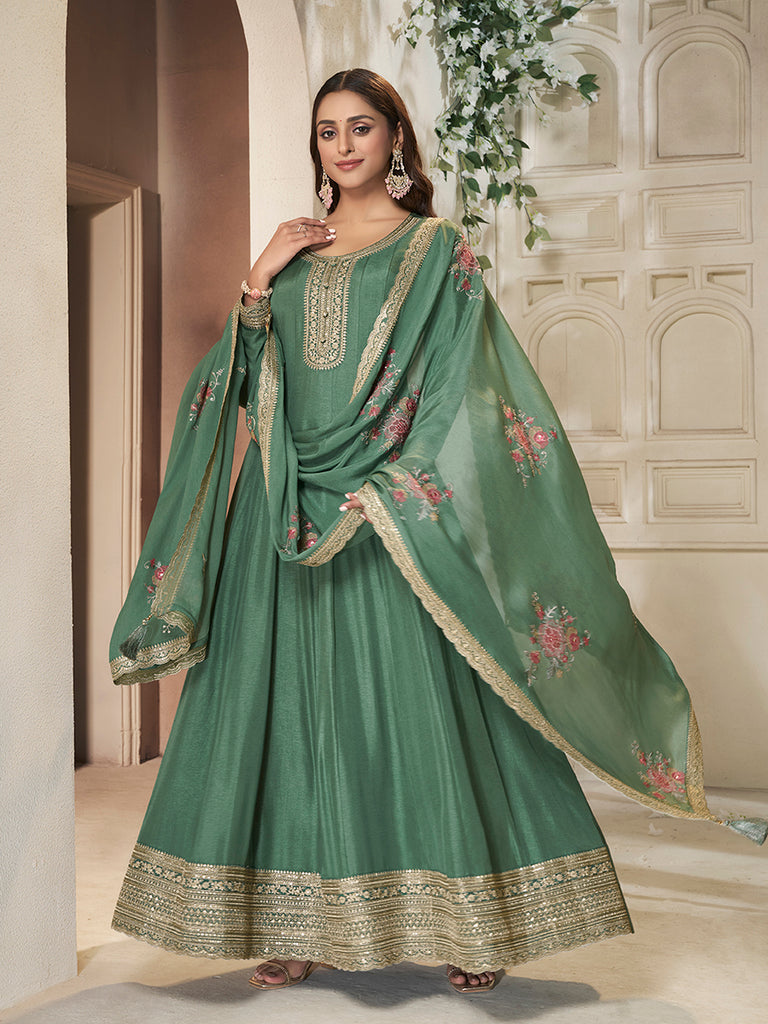 formal light green dress Libas The Kiara Cut Green Self Design Cotton Anarkali Kurta With Trousers