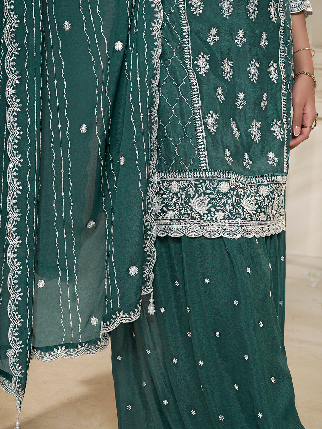 Embroidered Green Chinon Top with Sequin Detailing and Matching Sharara Suit Set