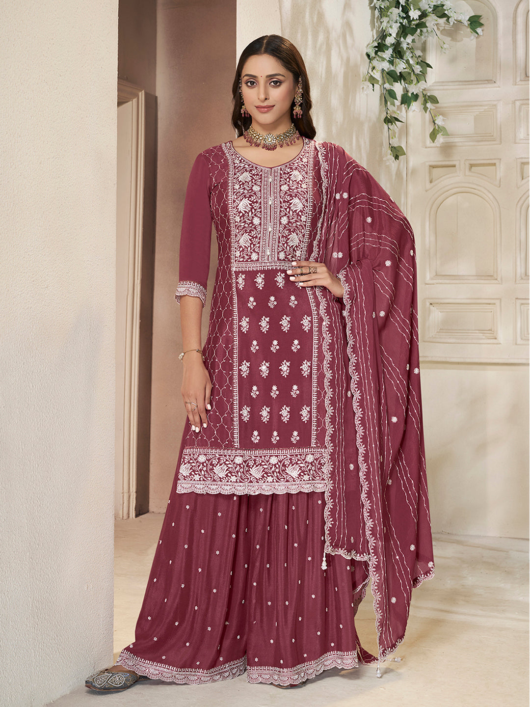 Embroidered Burgundy Chinon Top with Sequin Detailing and Matching Sharara Suit Set