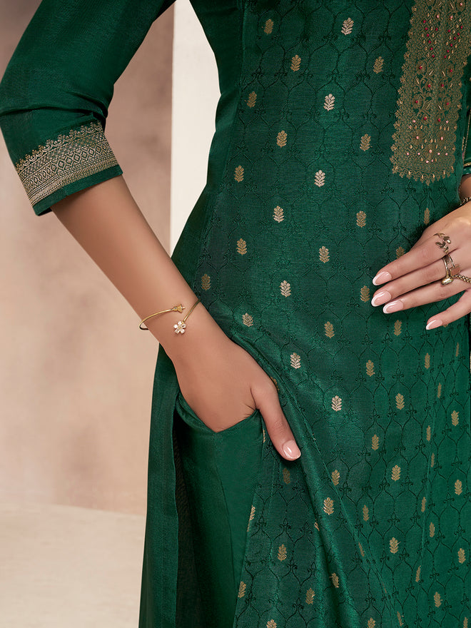 Green Dola Silk Kurta with Jacquard Weave Sequins Work Kurta Suit Set