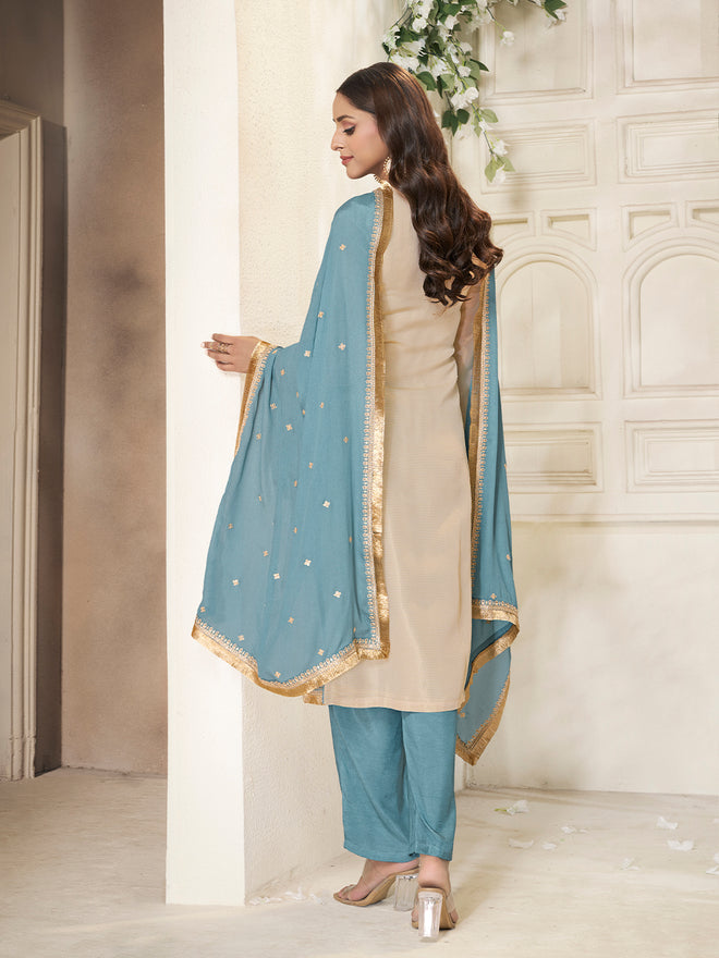 Off-white Tissue Sequins Embroidery Kurta With Blue Dupatta