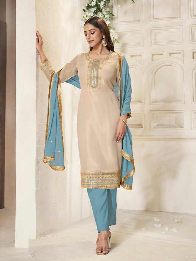 Off-white Tissue Sequins Embroidery Kurta With Blue Dupatta
