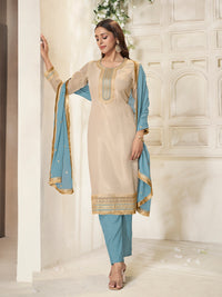 Off-white Tissue Sequins Embroidery Kurta With Blue Dupatta