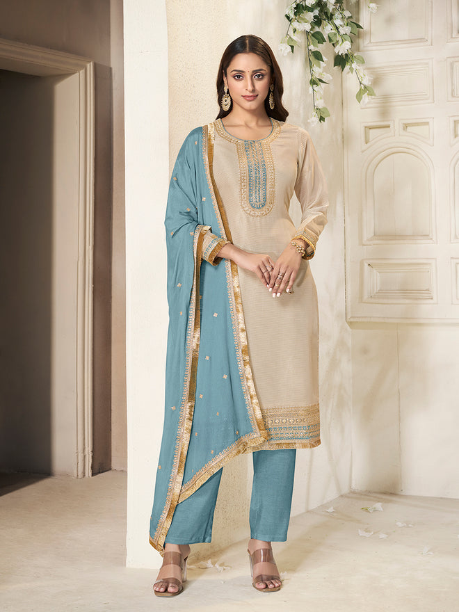 Off-white Tissue Sequins Embroidery Kurta With Blue Dupatta