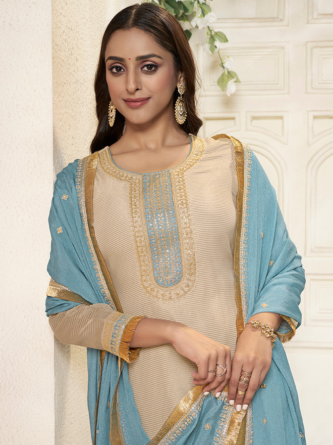 Off-white Tissue Sequins Embroidery Kurta With Blue Dupatta
