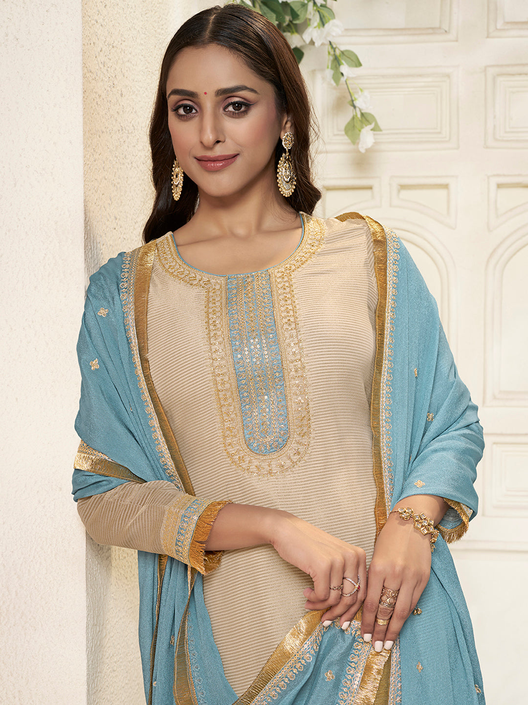 Off-white Tissue Sequins Embroidery Kurta With Blue Dupatta