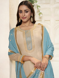Off-white Tissue Sequins Embroidery Kurta With Blue Dupatta