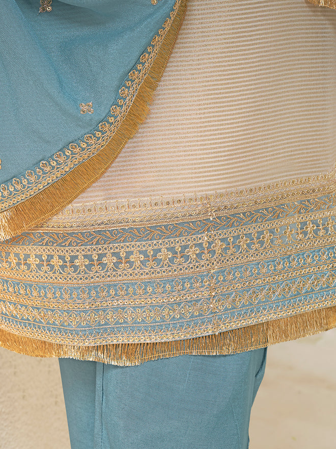 Off-white Tissue Sequins Embroidery Kurta With Blue Dupatta