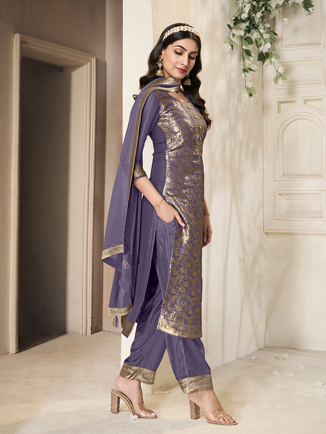 Violet Tissue Jacquard Weave Kurta Suit Set