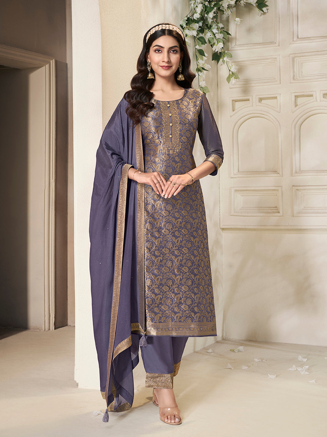 Violet Tissue Jacquard Weave Kurta Suit Set