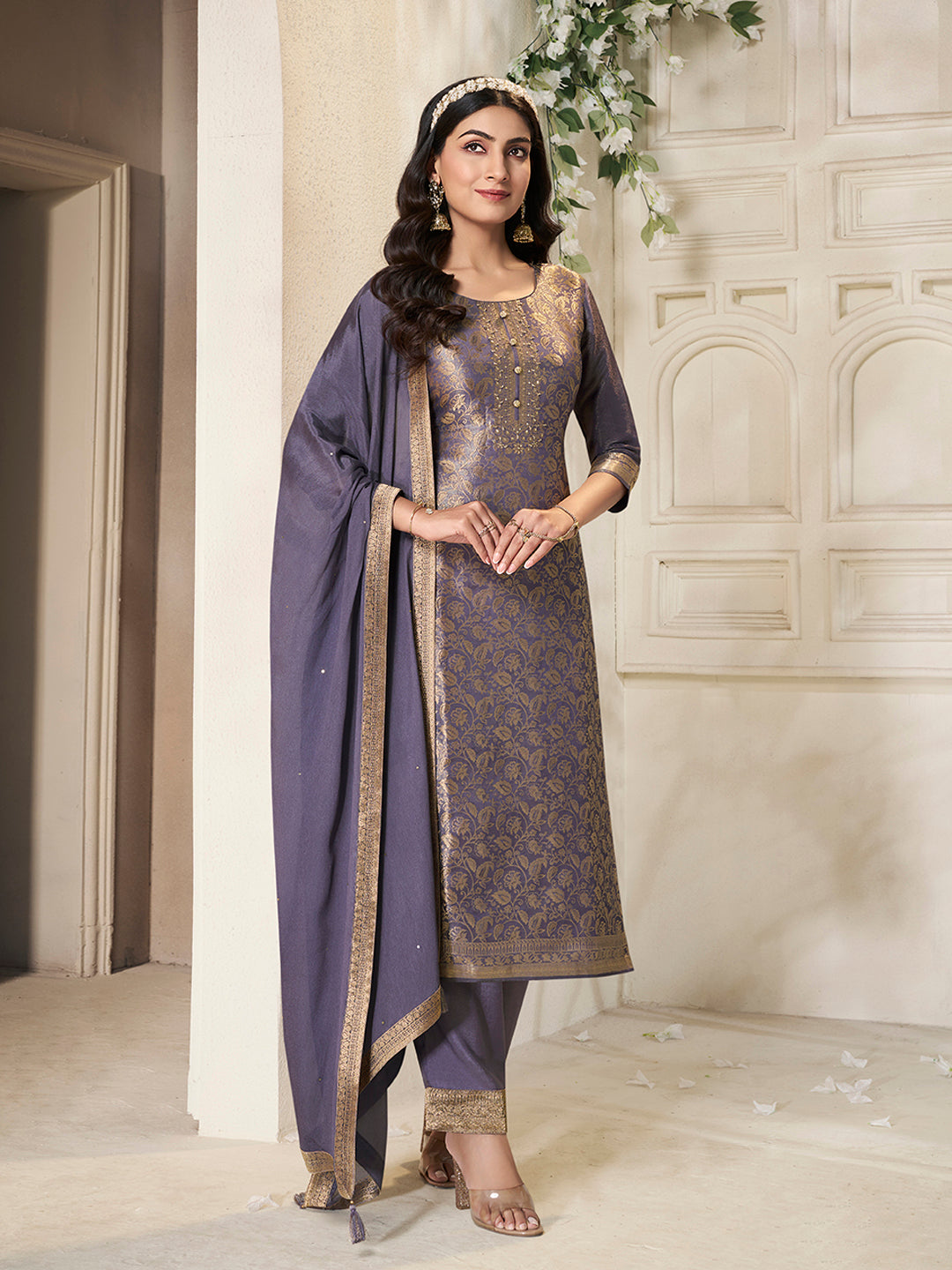 Violet Tissue Jacquard Weave Kurta Suit Set
