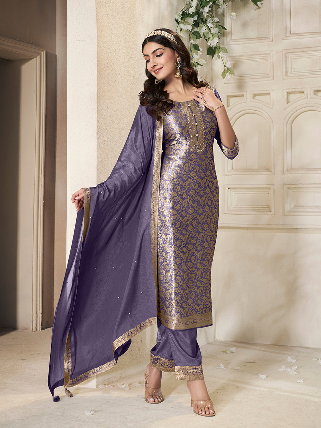 Violet Tissue Jacquard Weave Kurta Suit Set