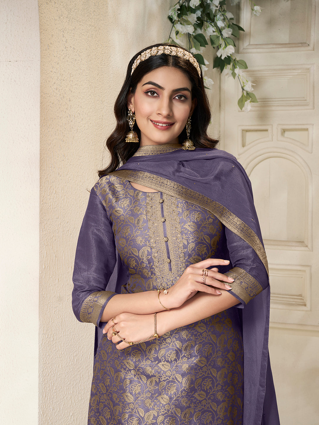 Violet Tissue Jacquard Weave Kurta Suit Set