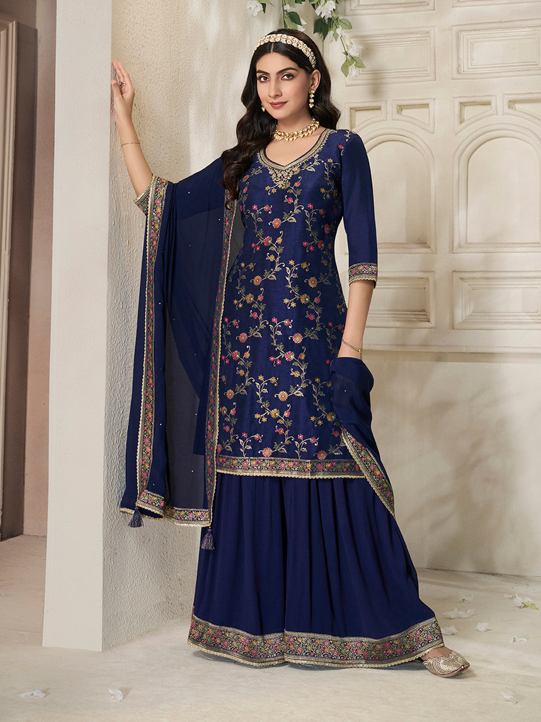 Dark Blue Dola Silk Sharara Suit Set with Floral Meena Jacquard Work Seerat Ethnic Dark Blue Dola Silk Sharara Suit Set with Floral Meena Jacquard Work Seerat Ethnic