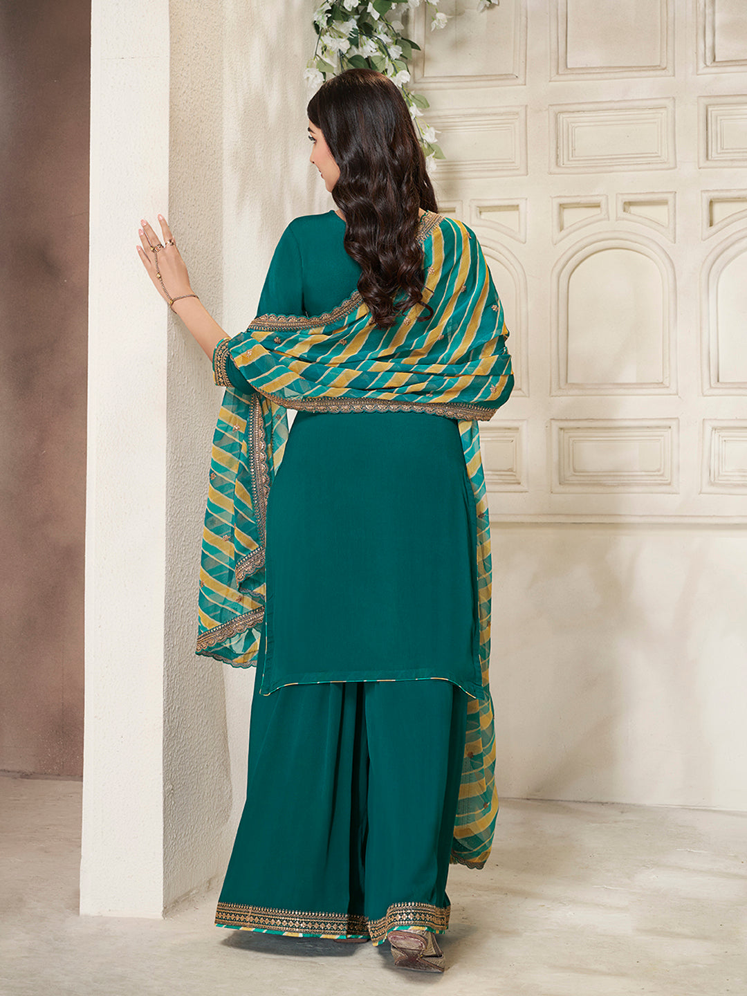 Green Chinon Top, Embellished Sharara, and Lehariya Printed Dupatta Sharara Suit Set
