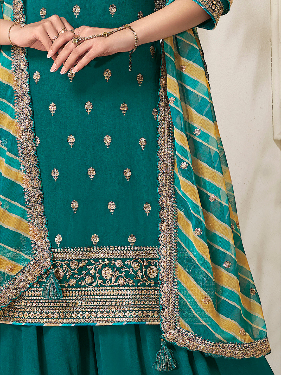 Green Chinon Top, Embellished Sharara, and Lehariya Printed Dupatta Sharara Suit Set