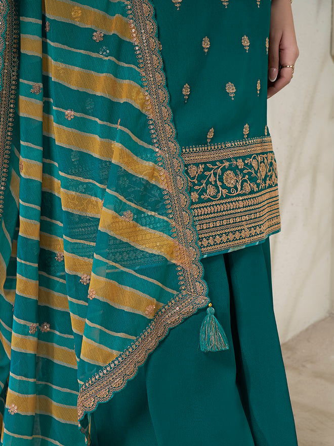 Green Chinon Top, Embellished Sharara, and Lehariya Printed Dupatta Sharara Suit Set