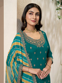 Green Chinon Top, Embellished Sharara, and Lehariya Printed Dupatta Sharara Suit Set