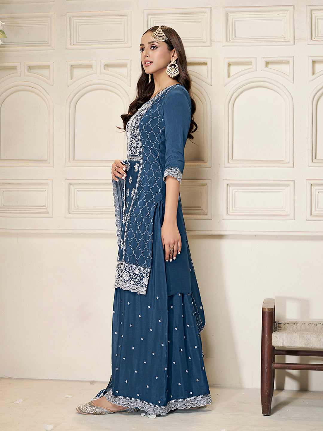 Embroidered Blue Chinon Top with Sequin Detailing and Matching Sharara Suit Set