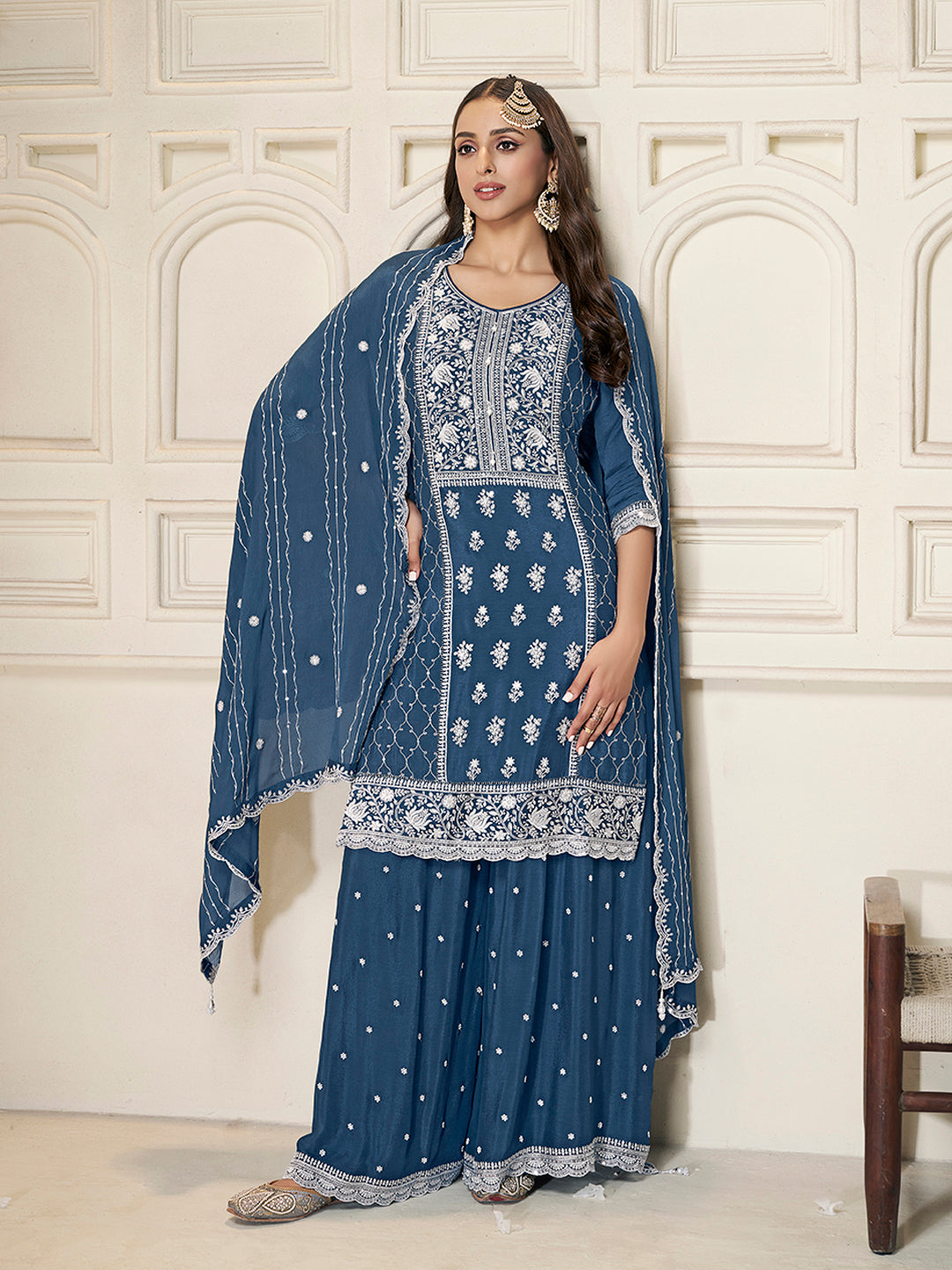 Embroidered Blue Chinon Top with Sequin Detailing and Matching Sharara Suit Set