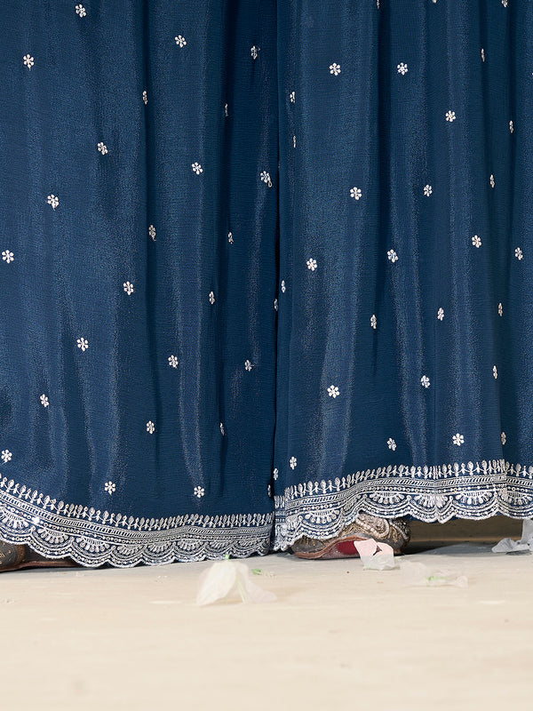 Embroidered Blue Chinon Top with Sequin Detailing and Matching Sharara Suit Set