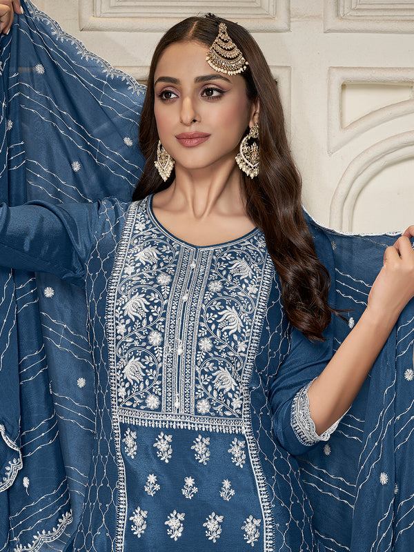 Embroidered Blue Chinon Top with Sequin Detailing and Matching Sharara Suit Set