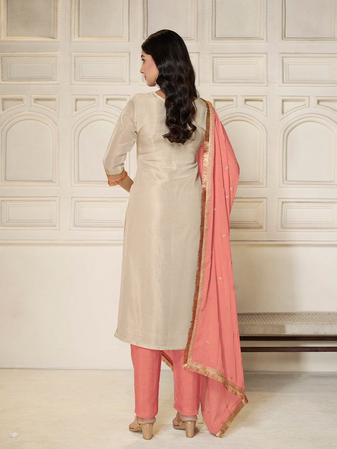 Off-white Tissue Sequins Embroidery Kurta With Saffron Dupatta