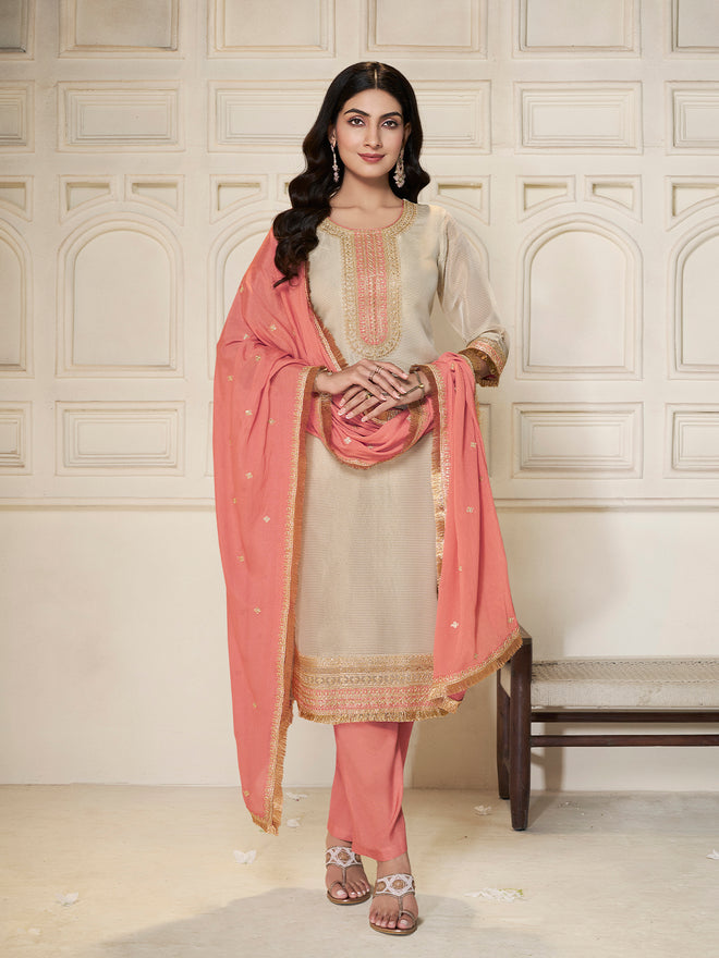 Off-white Tissue Sequins Embroidery Kurta With Saffron Dupatta