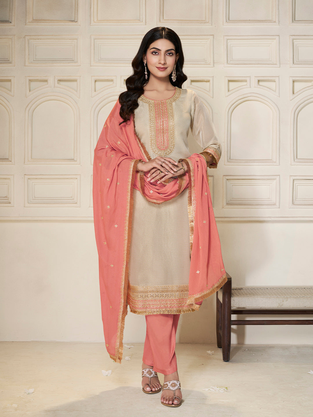 Off-white Tissue Sequins Embroidery Kurta With Saffron Dupatta