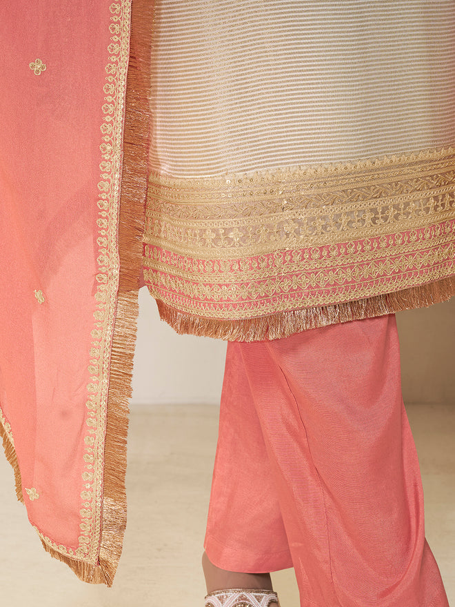Off-white Tissue Sequins Embroidery Kurta With Saffron Dupatta