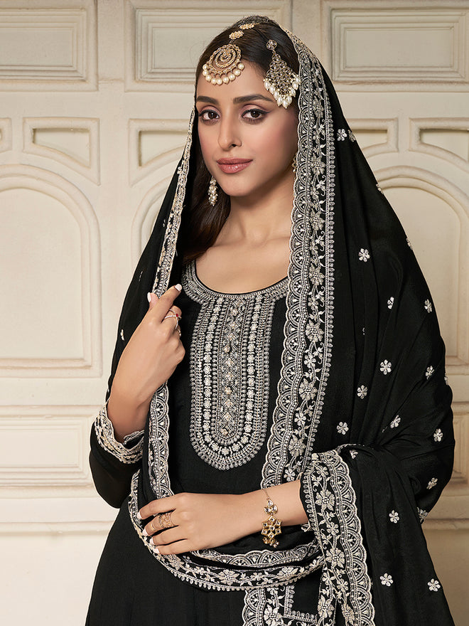 Black Chinon Top with White Embroidery & Sequins Anarkali Suit Set