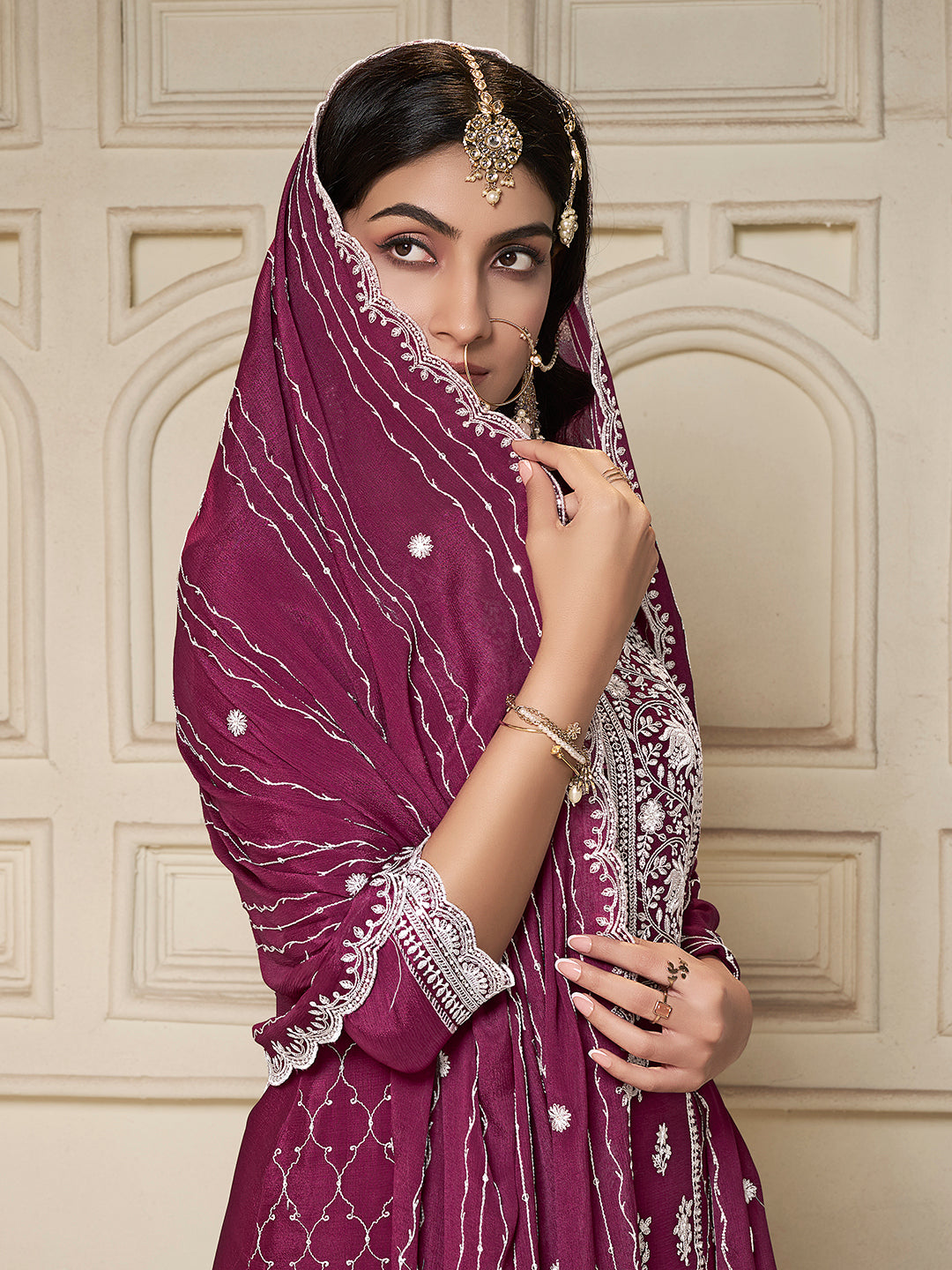 Embroidered Purple Chinon Top with Sequin Detailing and Matching Sharara Suit Set