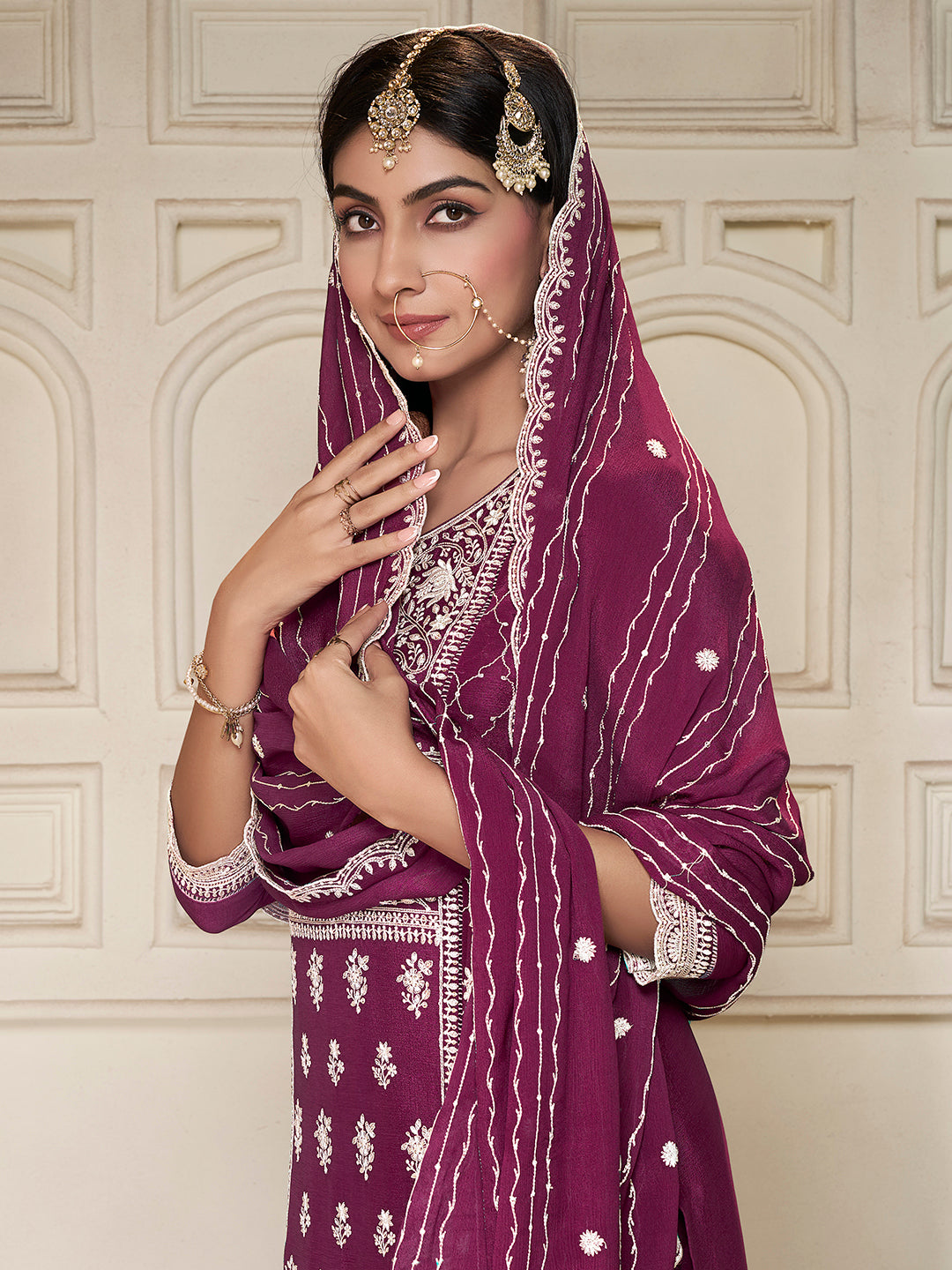 Embroidered Purple Chinon Top with Sequin Detailing and Matching Sharara Suit Set