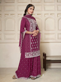 Embroidered Purple Chinon Top with Sequin Detailing and Matching Sharara Suit Set