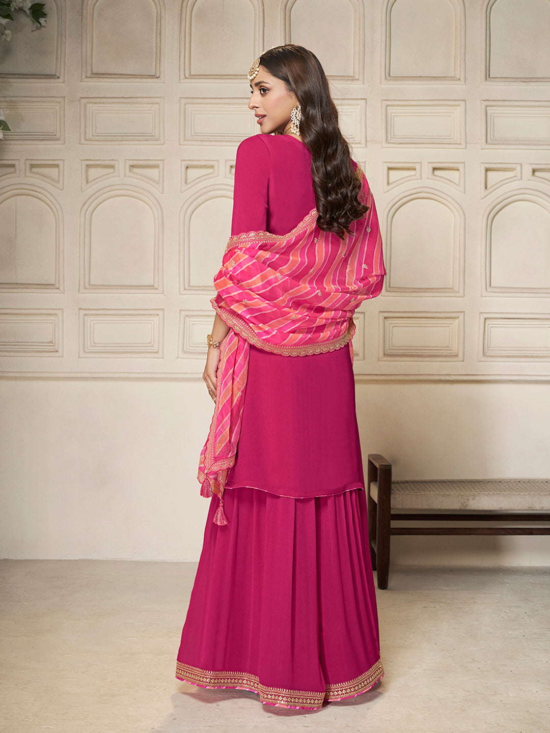 Pink Chinon Top, Embellished Sharara, and Lehariya Printed Dupatta Sharara Suit Set