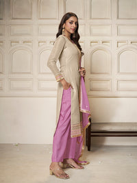 Off-white Tissue Sequins Embroidery Kurta With Pink Dupatta