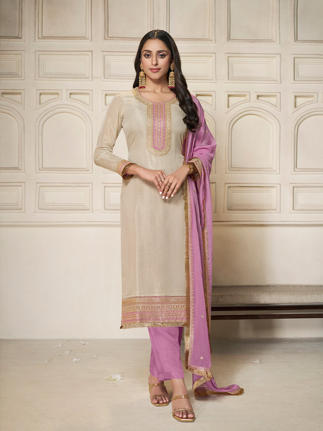 Off-white Tissue Sequins Embroidery Kurta With Pink Dupatta