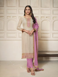 Off-white Tissue Sequins Embroidery Kurta With Pink Dupatta