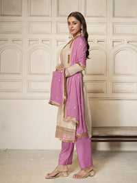 Off-white Tissue Sequins Embroidery Kurta With Pink Dupatta