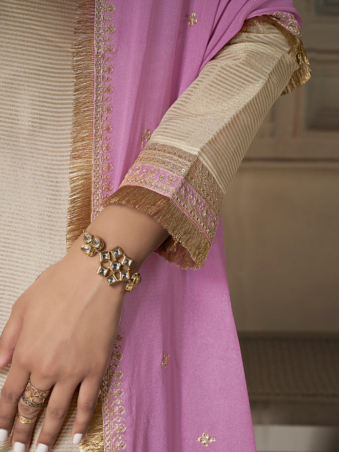 Off-white Tissue Sequins Embroidery Kurta With Pink Dupatta