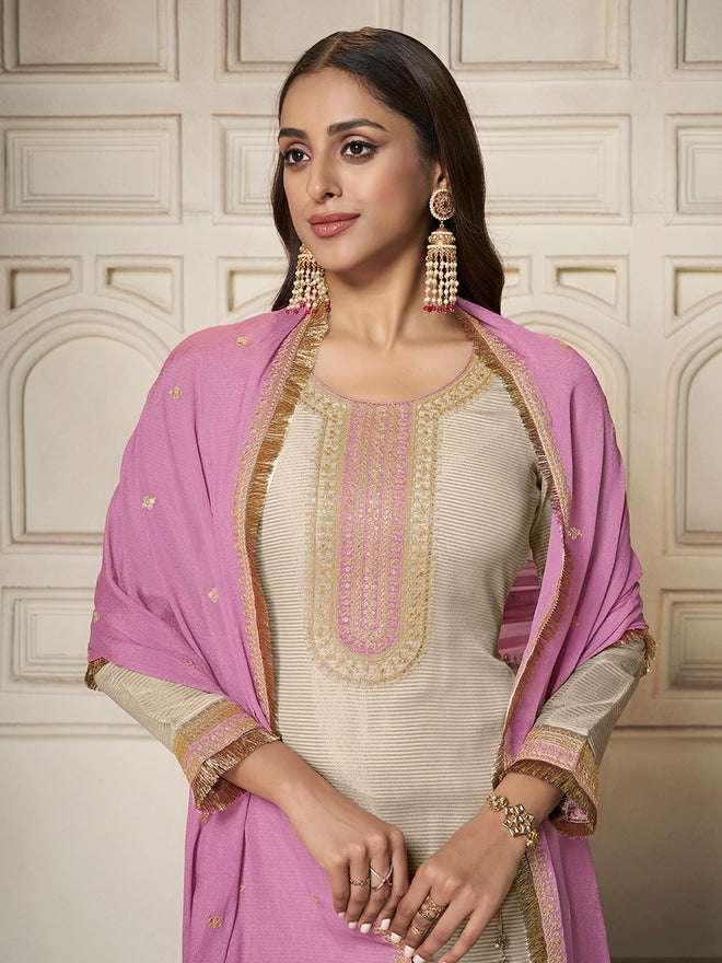 Off-white Tissue Sequins Embroidery Kurta With Pink Dupatta