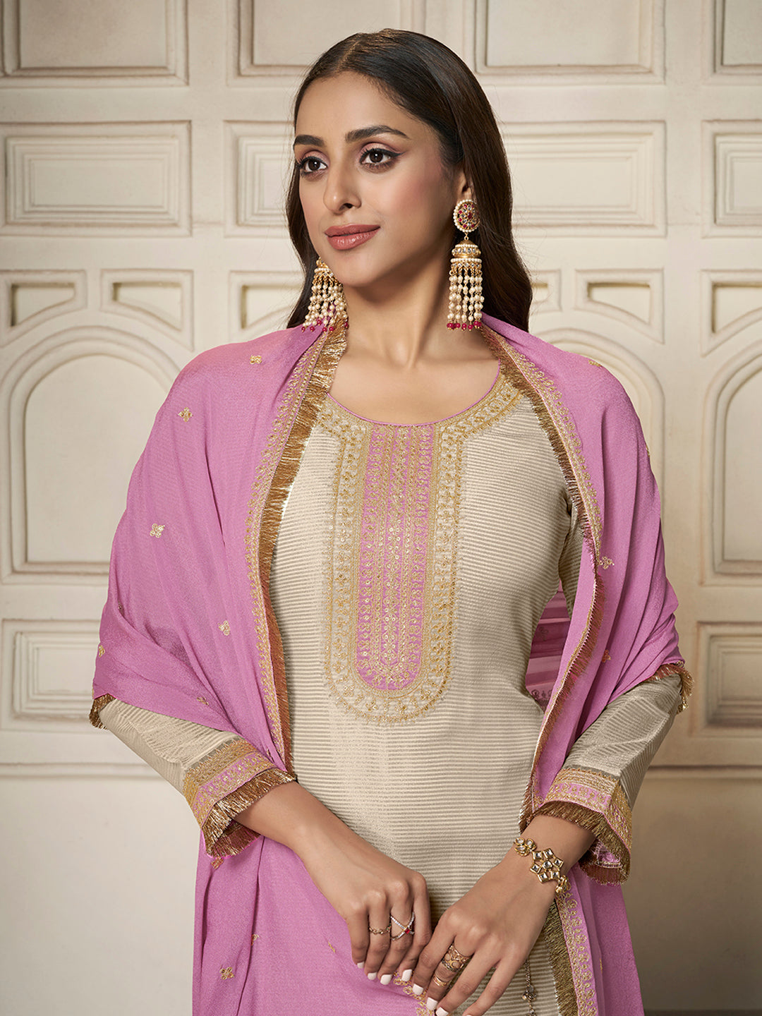 Off-white Tissue Sequins Embroidery Kurta With Pink Dupatta