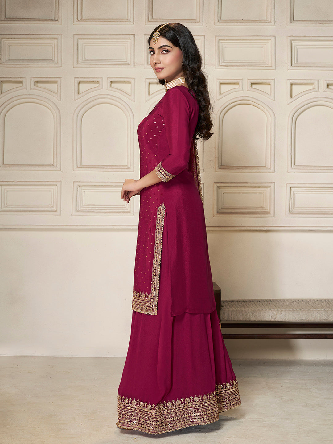 Red Chinon Top with Sequins Embroidery and Sharara Suit Set